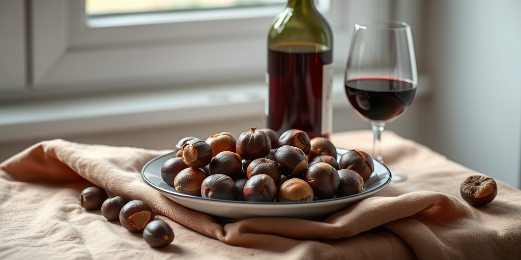 still life composition of a plate of chestnuts and a bottle of red wine on a draped fabric, natural window light, aperture f/2.8, ISO 100, 50mm lens, DSLR camera, soft focus background