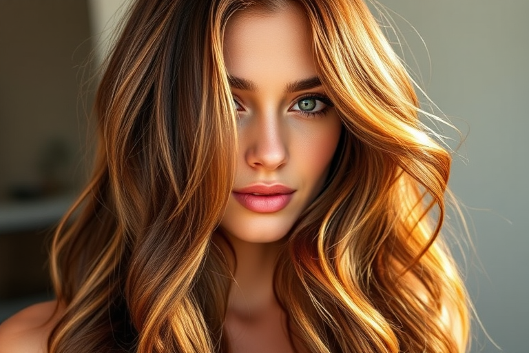 Chocolate brown hair with caramel and honey highlights styled in loose, beachy waves embodies the sun-kissed "Golden Hour Glow" look, featuring face-framing tendrils and a subtle root smudge that adds depth and dimension to the warm, rich tones, creating a natural and effortlessly chic appearance