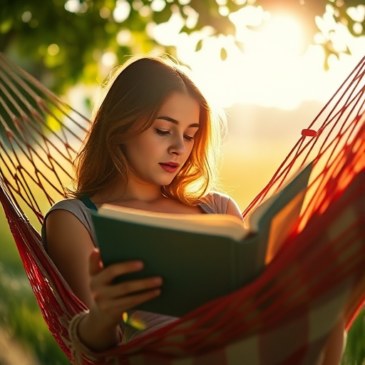 Softly focused image of a young woman reading a book in a hammock, soft sunlight filtering through the leaves above, with distant birds chirping and the smell of fresh grass in the air.
