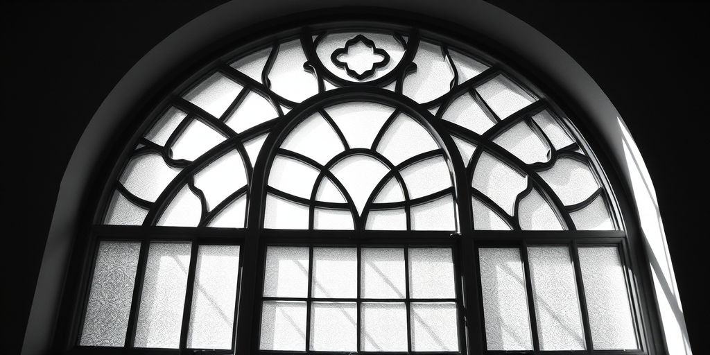 black and white photograph of an arched window with intricate light patterns, captured with a Canon EOS R5, 50mm lens, aperture f/4, ISO 100, shutter speed 1/125 sec, soft focus style, natural light, high dynamic range