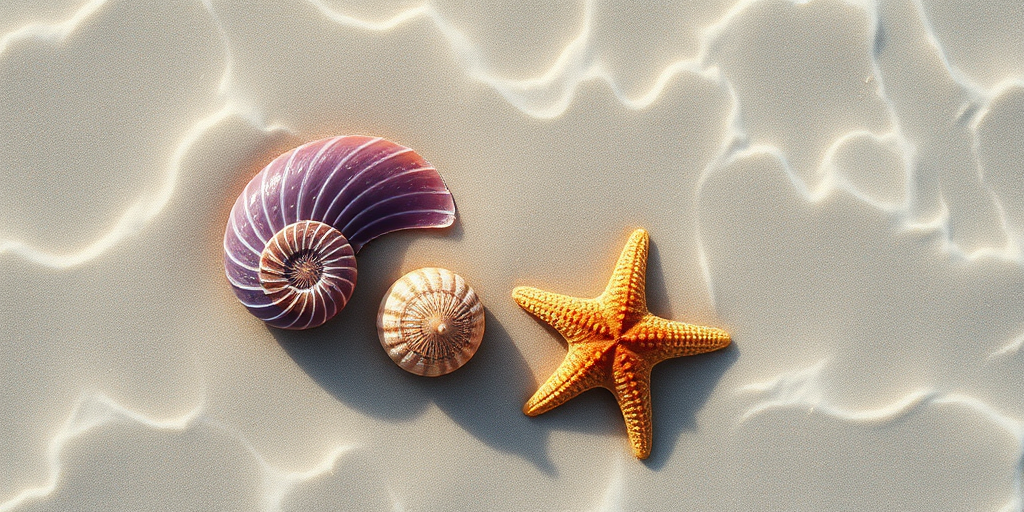 Create an image of a sandy beach with clear turquoise water, featuring a purple nautilus shell, a spiral shell, and a starfish prominently displayed on the sand, captured with a DSLR camera at f/8, ISO 100, and a 50mm lens from a bird's-eye view to enhance detail and vibrancy.