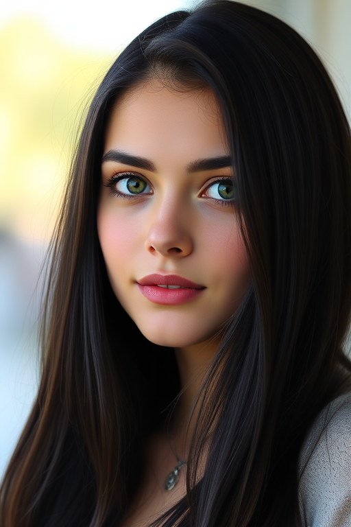 Portrait of a young woman with long black hair and striking green eyes, front view, shot with a DSLR camera at 85mm, aperture f/1.8, ISO 100, natural lighting, focus on facial features, soft background blur.