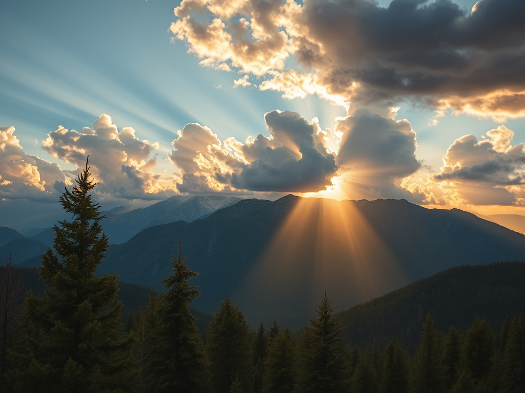 Regenerate a scenic mountain landscape during golden hour with dramatic clouds and sun rays breaking through, focus on foreground pine trees, DSLR camera, f/11 aperture, 1/125 sec shutter speed, ISO 200, wide-angle lens, high dynamic range photography.