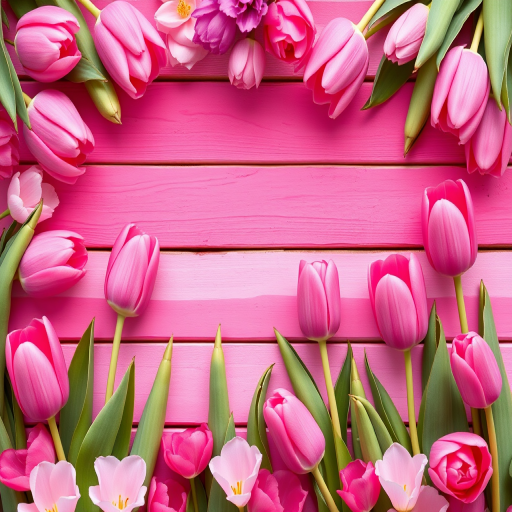 Create a vibrant floral border with pink tulips surrounding horizontal stripes in various shades of pink and purple, using a DSLR camera with a 50mm lens, aperture set to f/1.8, shutter speed of 1/200s, ISO 200, shot from eye level to capture depth and detail, in high resolution.