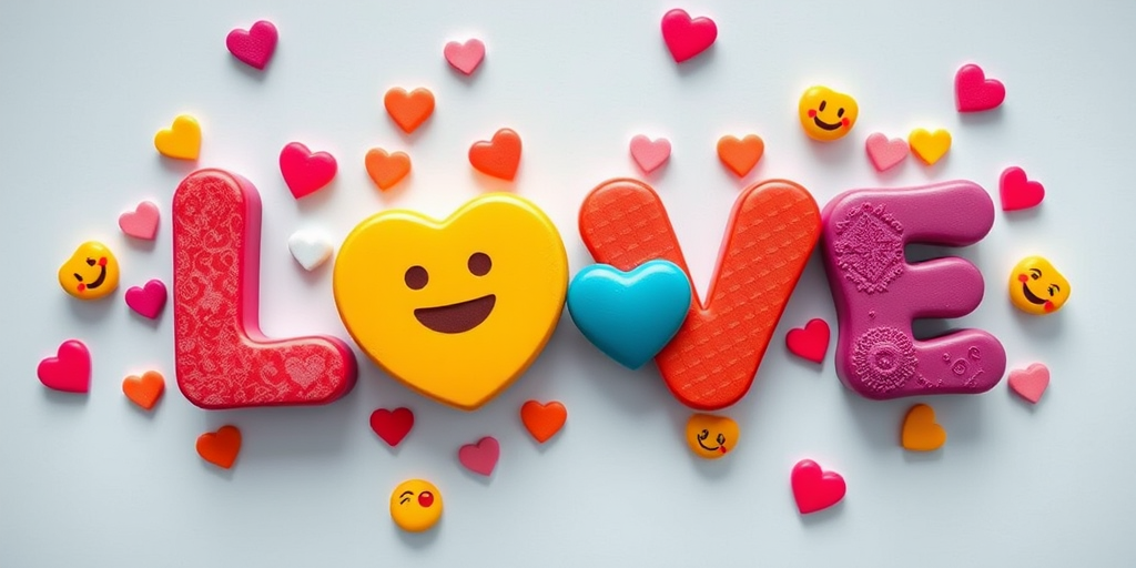 Create an image of the word LOVE filled with colorful hearts and emojis, use a DSLR camera with a 50mm lens, aperture f/1.8, shutter speed 1/200s, ISO 100, overhead view, vibrant colors and high saturation.