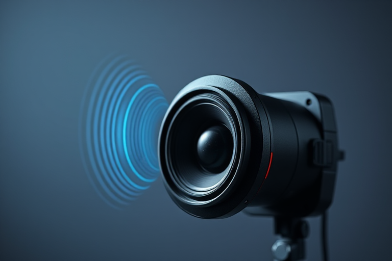 Create a high-resolution image of a speaker emitting sound waves, using a DSLR camera with a 50mm lens, f/1.8 aperture, ISO 100, shutter speed 1/200 sec, in a studio lighting setting for enhanced clarity and detail.