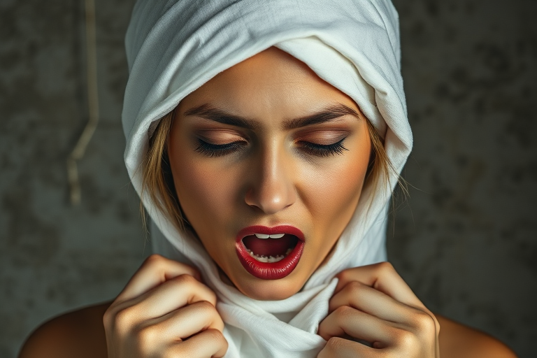 Create a close-up photographic image of a Eurasian woman with light skin tones shown against an old, worn wall. Their head is wrapped in a white cloth covering (i.e.... parts of the head except the nose and mouth, which are open as if they are screaming...), with a slight texture and visible folds in the fabric. Thin strands of blonde hair escape from the wrapping above, falling lightly at the top and sides. Their hands hold the fabric as if they are tugging nervously. The lighting is dramatic and even, casting strong shadows. The image has a minimalist and surreal style with an emphasis on simplicity with soft color tones. The composition is centered.