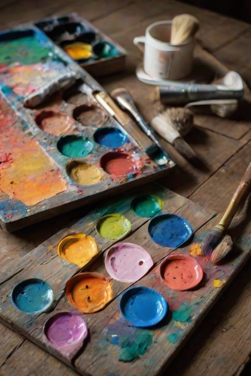 Close-up of an artist’s palette covered in vibrant paint, soft light illuminating the colors and brushes scattered around on a rustic wooden table.