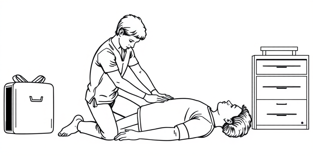 Create a minimalistic line art illustration of a person performing CPR on another person using a high-resolution vector style, shot with a Canon EOS R5 at f/4.0, ISO 200, 50mm lens, with soft natural lighting and a clean white background.