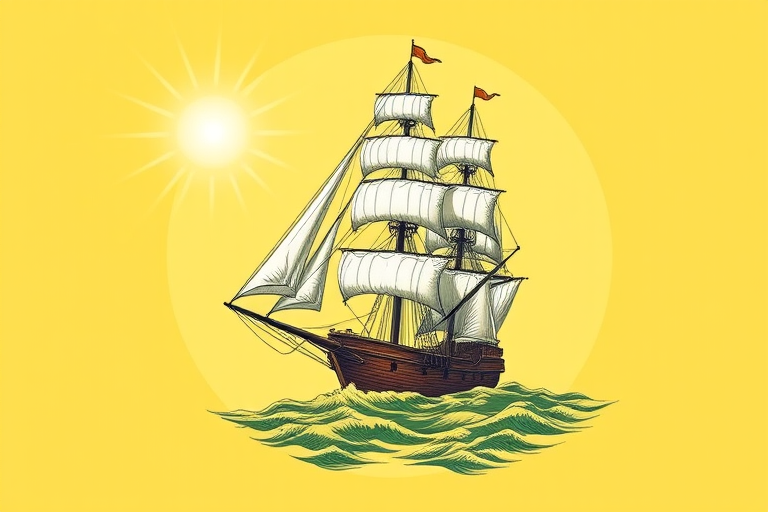 Create a detailed illustration of a vintage sailing ship on a bright yellow circular background, with sun rays shining from one corner, using a DSLR camera with a focal length of 50mm, aperture set to f/8, ISO 100, and a soft focus style to enhance image quality.