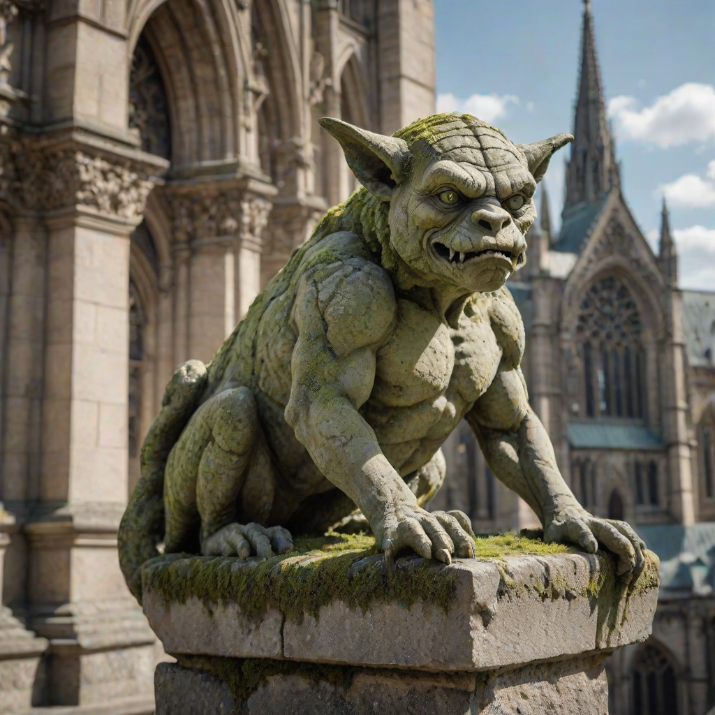 create an ultra-realistic and very detailed photograph of a very old stone gargoyle in a cathedral. the stone is a little worn, with some broken parts. cracks. moss. the background is a blurred image of the city. It includes shadows and contrasts to make the image more realistic