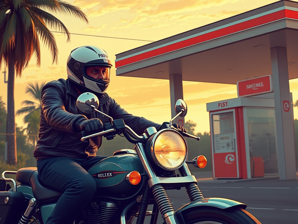 Vintage style illustration of a motorcyclist wearing a helmet and leather jacket riding a classic motorcycle near a gas station, vibrant colors, high contrast, Canon EOS R5, 24mm lens, f/8 aperture, ISO 100, golden hour lighting for enhanced warmth.