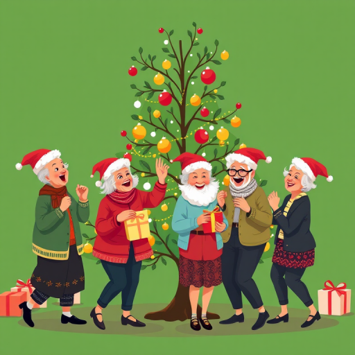 Create a festive illustration of a Christmas party for elderly people with a whimsical tree, featuring joyful seniors in Santa hats dancing and holding gifts, set against a solid green background; use a digital art style, shot with a Canon EOS R5 at f/8, 1/125s, ISO 200, with a vibrant color palette to enhance detail and clarity.
