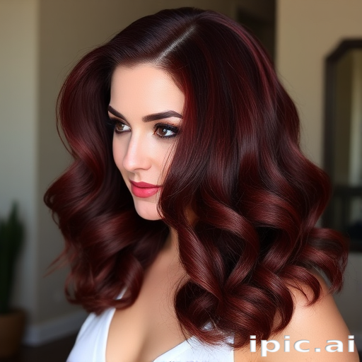 Deep burgundy hair styled in glamorous Old Hollywood waves with a deep side part exemplifies the classic "Vintage Velvet" look, incorporating subtle mahogany lowlights and a high-shine finish that adds depth and richness to the luxurious, ruby-red hues, evoking a sense of timeless elegance and sophistication
