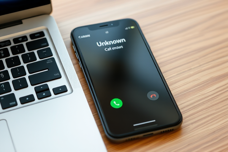 Create a close-up shot of a smartphone displaying an incoming call from "Unknown," positioned near a modern keyboard, using a Canon EOS R5, f/2.8 aperture, ISO 100, 1/250s shutter speed, in natural light for enhanced image quality.