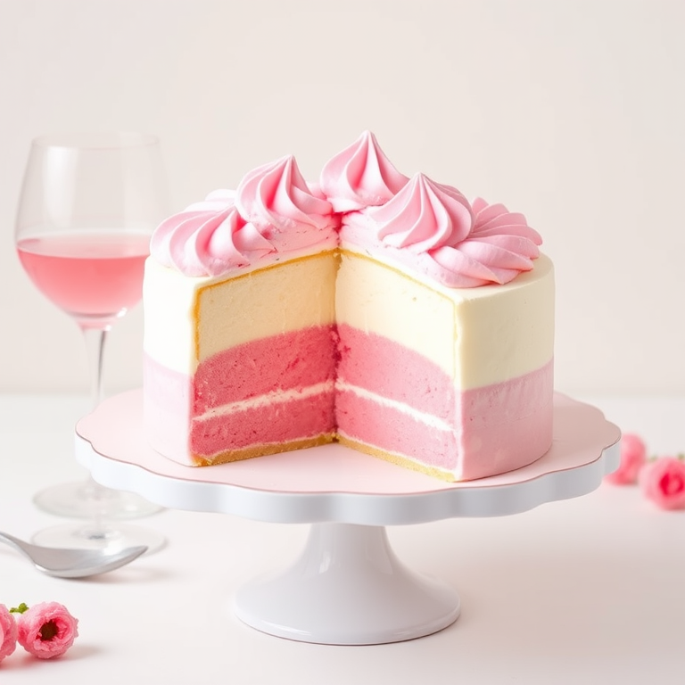 Create an image of a layered dessert with pink whipped cream on top a creamy white layer and a pink layer beneath it. The dessert is partially cut, showcasing the layers, and is served on a round cake stand. Surround the dessert with elegant glassware filled with a pink beverage. The background should be light and soft, enhancing the dessert's vibrant colors.