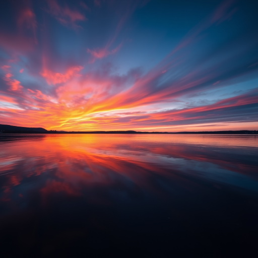 Create a vibrant sunset over a calm lake with reflections on the water, using a Canon EOS R5, 24mm lens, f/8 aperture, ISO 100, shot at dusk with a wide-angle view for enhanced depth and clarity.