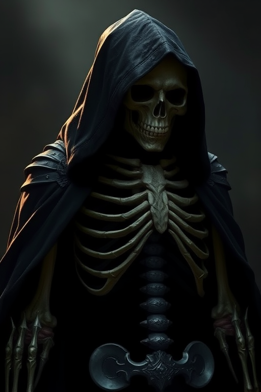 Create a highly detailed digital illustration of a mysterious skeletal figure in a dark cloak, showcasing intricate armor details, with dramatic chiaroscuro lighting, using a Canon EOS R5 Camera, 85mm lens, f/1.8, ISO 100, aperture priority mode, in a cinematic perspective.