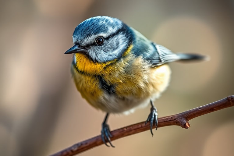 close-up of a blue tit perched on a branch, soft focus background, natural lighting, ISO 200, f/4 aperture, 1/200 sec shutter speed, DSLR camera, macro lens, vivid colors and sharp details