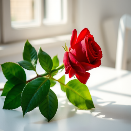 A close-up shot of a vibrant red rose with lush green leaves on a minimalist white table, natural soft lighting from a window creating gentle shadows, using a DSLR camera with a 50mm f/1.8 lens, aperture set to f/2.8, ISO 100, and a shallow depth of field for a delicate bokeh effect.