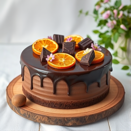 A beautifully decorated chocolate cake topped with dried orange slices dark chocolate pieces and edible flowers placed on a wooden board with a soft white background and a hint of greenery in the scene.