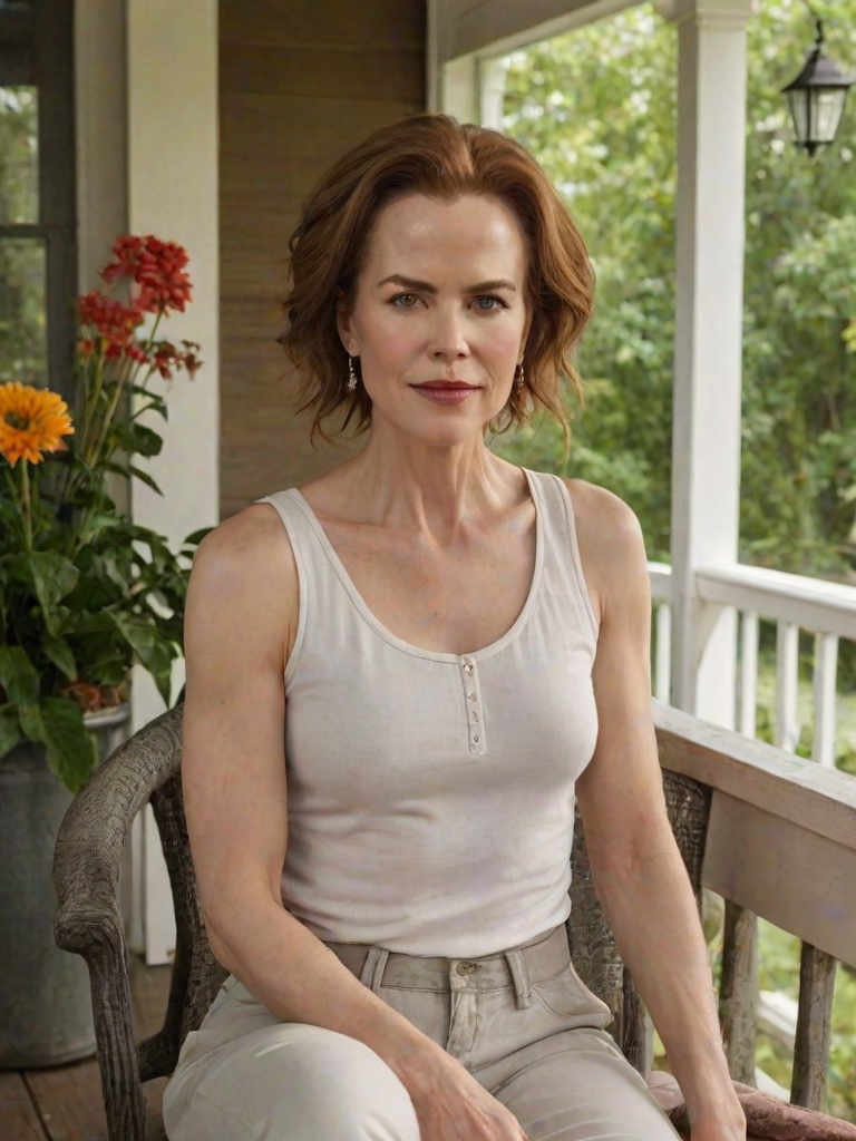 A photo of Nicole Kidman with a background of a cozy porch. She has dark hair pulled back in an updo, with tendrils framing her face. She wears a white tank top and sits on the porch. The porch is part of a well-lit home with a warm, earthy tone and colorful flowers and foliage. The overall scene has a warm, welcoming, and comfortable ambiance.