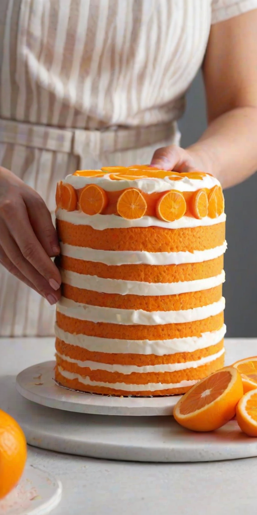 Generate an image of a person using a cake slicer to cut a layered orange and white striped cake. The cake should have a smooth finish with decorative frosting on top. The background should be bright and minimalistic, highlighting the cake and the action of slicing.