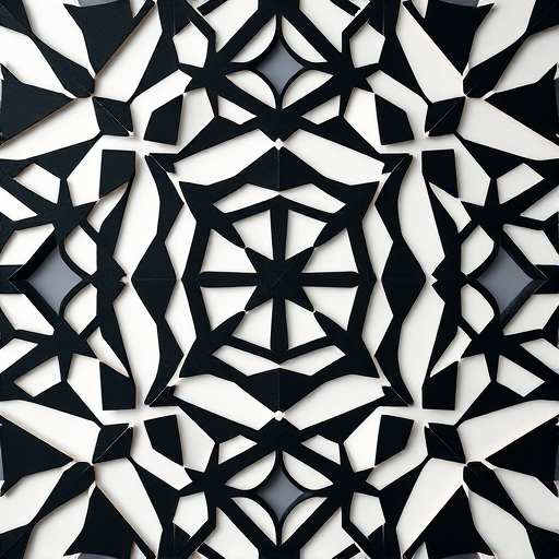 geometric pattern with interlocking shapes, high contrast, sharp edges, professionally lit, taken with a Canon EOS R5, 50mm lens, f/1.8, ISO 100, 1/125 sec, center composition, soft focus background, studio lighting