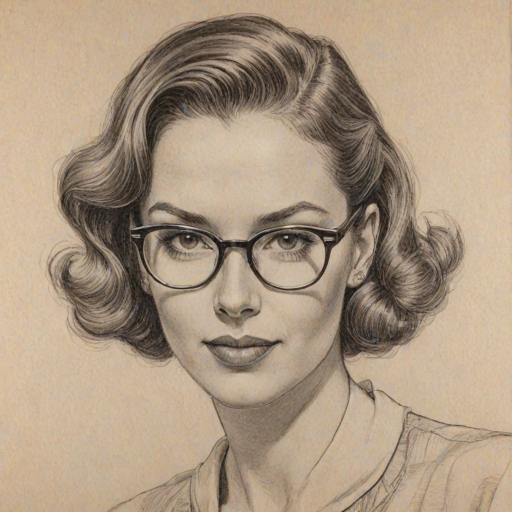 Stunning Tanya Chisholm, pencil sketch, portrait of Fascinating woman 1943s in glasses, hair style beatnik, outline, clear lines, fine lines, 8k