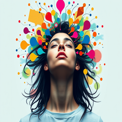 Create an abstract digital artwork that represents creativity and success, featuring a person with colorful elements around their head symbolizing ideas, using a Canon EOS R5 camera, 50mm lens, f/1.8 aperture, ISO 100, shot from a frontal view with a studio lighting setup to enhance vibrancy and clarity.