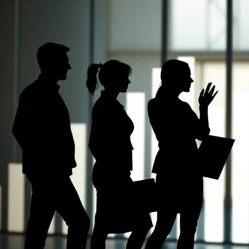 Create a high-quality silhouette of business professionals against a bar graph background, using a DSLR camera with a 50mm lens, aperture f/1.8, ISO 100, shooting in landscape orientation with soft natural lighting to enhance contrast and detail.