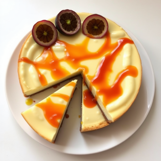 A delicious cheesecake with a creamy topping and passion fruit drizzle on a white plate with a slice cut out, set against a light background.