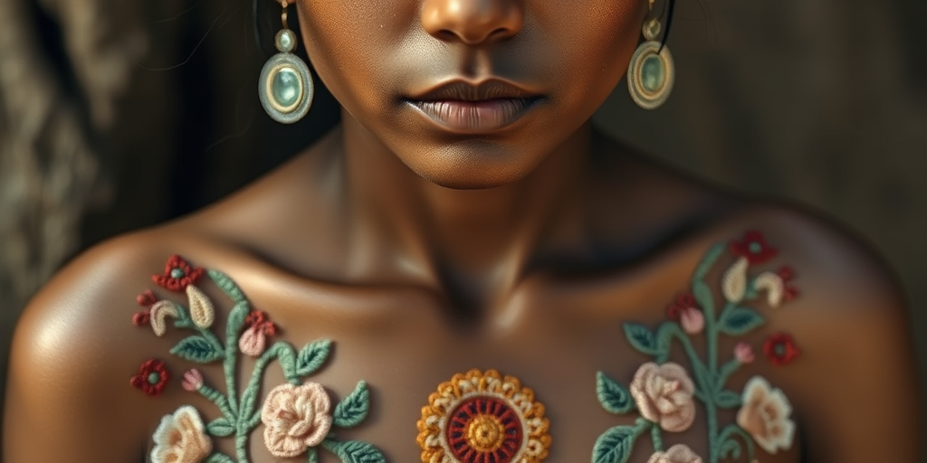 Face, shoulders, chest covered in openwork Maya embroidery. Raw, unedited image.