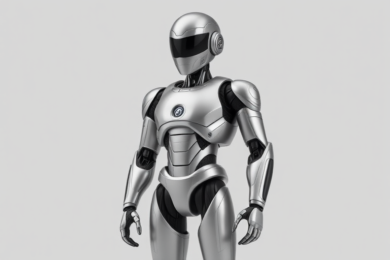 Create a highly detailed 3D render of a humanoid robot with a metallic finish, standing in a T-pose against a plain background, using a Canon EOS R5 camera with a 50mm lens, aperture f/8, ISO 100, and a high dynamic range setting for enhanced image quality.