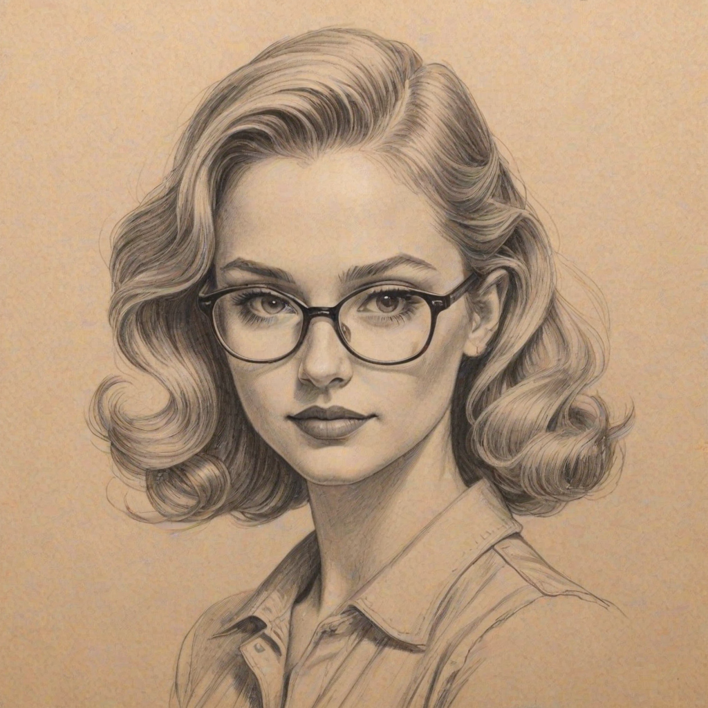 Appealing Alyvia Alyn Lind, pencil sketch, portrait of Captivating woman 1941s in glasses, hair style beatnik, outline, clear lines, fine lines, 8k