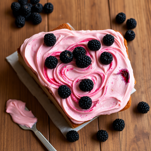 Create an image of a rectangular cake topped with swirls of light and dark pink frosting mixed with blackberries on a wooden surface. Include some scattered blackberries and a small knife with frosting on it nearby. The cake should have an appealing and textured look with a rustic feel.