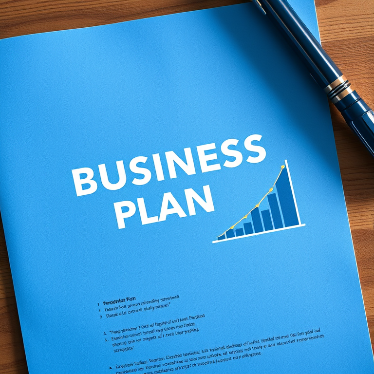 Create an image of a blue business plan document with a graph illustration in the corner, captured with a DSLR camera at f/8 aperture, 50mm lens, ISO 100, natural lighting, top-down view for clarity and depth.