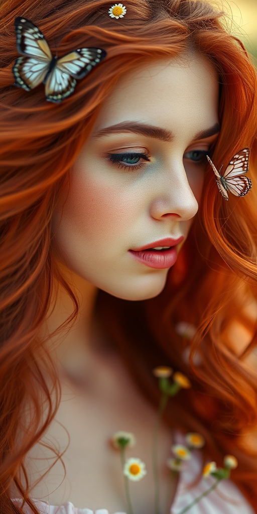 Create a highly detailed portrait of a young woman with flowing red hair adorned with butterflies and flowers, soft focus, warm color palette, using a Canon EOS 5D Mark IV, 50mm f/1.4 lens, f/1.4 aperture, ISO 200, natural soft lighting, shallow depth of field.