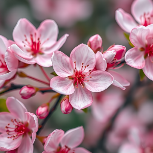 High-resolution floral artwork featuring pink and white blossoms with delicate petals and abstract backgrounds, shot with a DSLR camera using a 50mm lens, aperture set to f/2.8, ISO 100, and soft focus style.