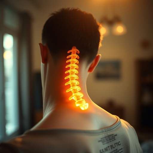 Regenerate an image of a person with a visible spine highlighted in a warm glow, captured from a close-up angle with a shallow depth of field, using a DSLR camera at f/2.8 aperture, ISO 100, and 50mm lens, in a softly lit indoor environment with natural light.