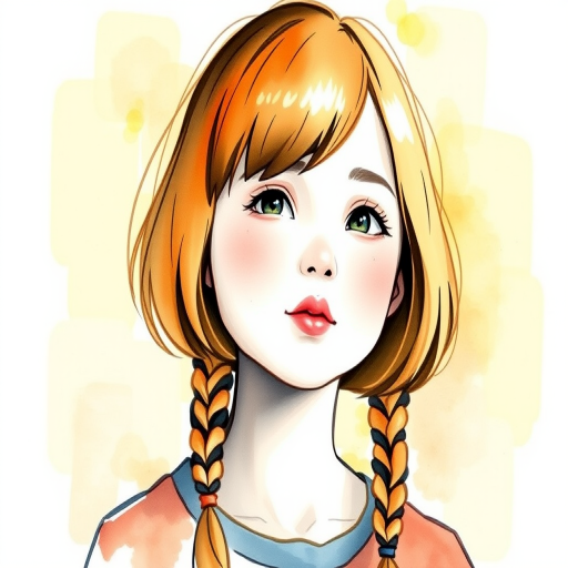create a watercolor portrait of a girl with a bob haircut and side braids, featuring warm colors like yellow, orange, and light brown, with a soft abstract background.