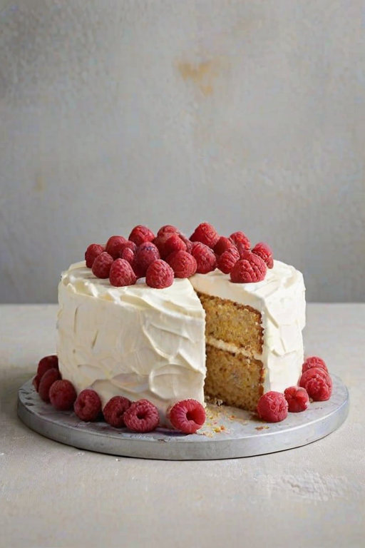 Create a visually appealing cake with a smooth white frosting, featuring a textured design around the sides. The top should be adorned with a generous layer of fresh red raspberries, placed neatly in the center. The cake should be presented on a clear glass cake stand against a soft, neutral background.
