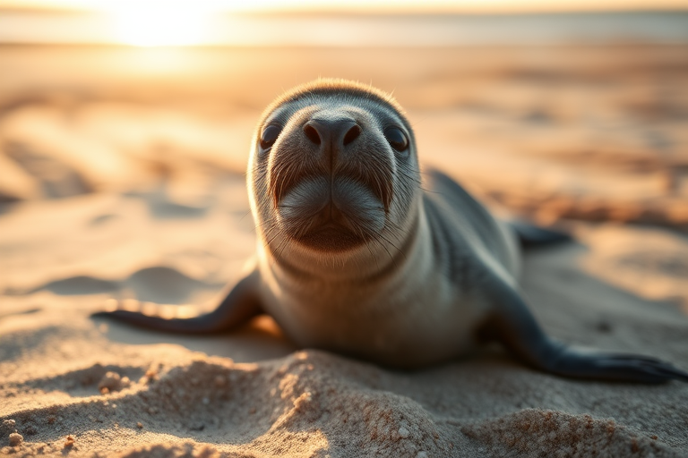 A young seal on a sandy beach during golden hour, captured with a Canon EOS R5 at f/4, ISO 200, 1/250s, using a 100mm macro lens from a low angle to emphasize texture and detail, shallow depth of field for a soft background.