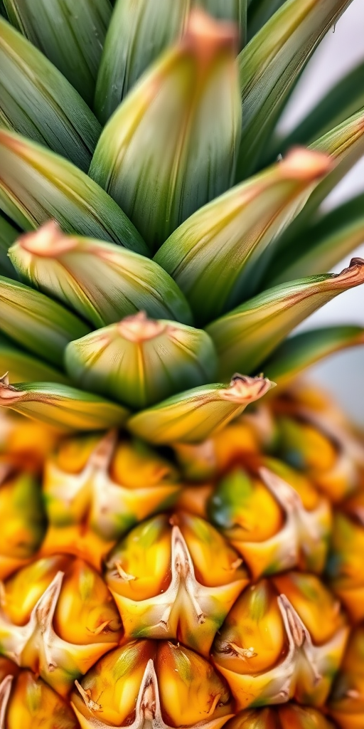 close-up of a pineapple with vibrant green and yellow hues, macro lens, f/2.8 aperture, ISO 100, 50mm lens, natural lighting, shallow depth of field, DSLR camera