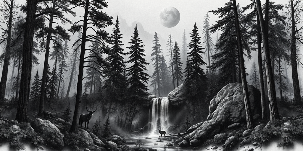 Realistic black and gray tattoo called "Shadows of Nature" portraying a lifelike forest scene with towering trees, cascading waterfalls, and hidden wildlife, celebrated for its photorealistic shading and depth