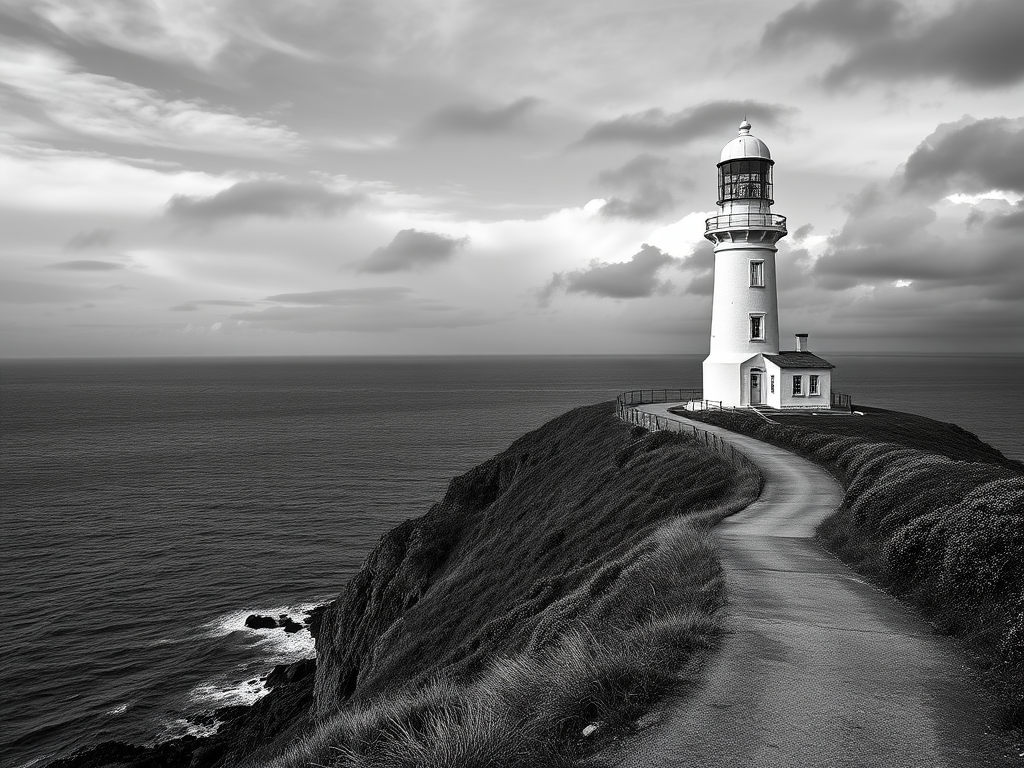 a black and white image of a lighthouse on a cliffside overlooking the ocean, with a winding road leading up to the lighthouse, and a cloudy sky in the background