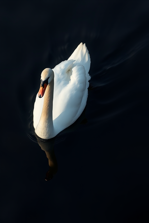 A majestic swan swimming gracefully on a dark, reflective water surface, captured with a Canon EOS 5D Mark IV, 50mm lens, f/2.8 aperture, ISO 100, 1/200s shutter speed, natural lighting.