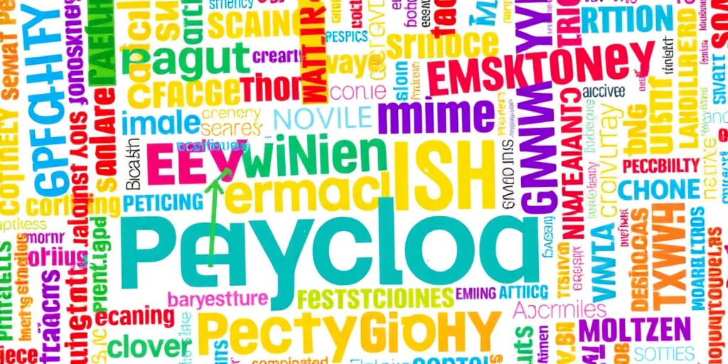 Create an abstract illustration of interconnected words related to emotions and psychology, using vibrant colors and varying font sizes, captured with a DSLR camera at f/2.8, ISO 100, and a 50mm lens from a top-down view, ensuring sharpness and detail in the text elements.