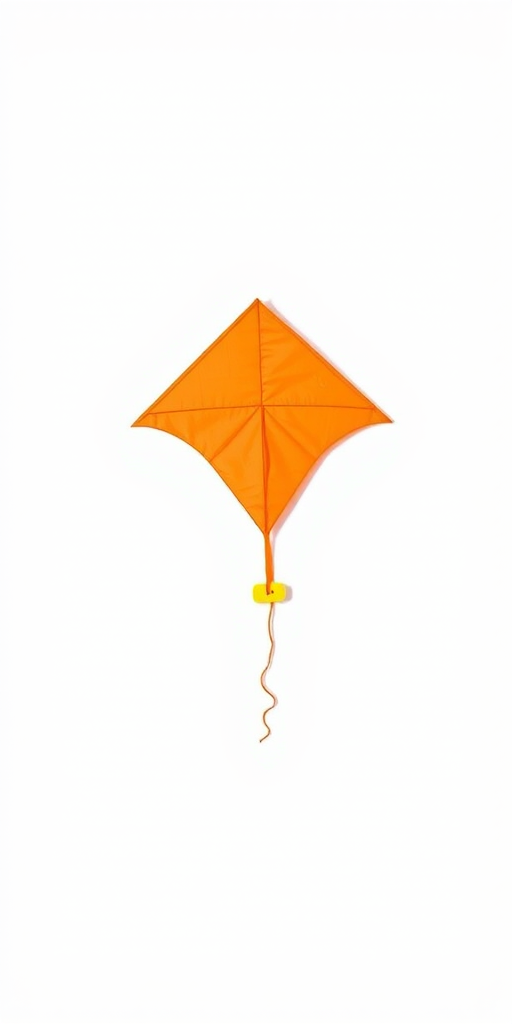 Generate a high-resolution image of a simple, stylized orange kite with yellow accents, photographed using a DSLR camera with a 50mm lens at f/2.8, ISO 100, natural lighting, on a plain white background to enhance clarity and color vibrancy.