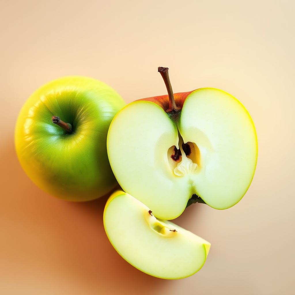 create a high-resolution image of an illustration showing a whole green apple next to a sliced green apple with a visible seed in the center, use a 50mm lens, f/2.8 aperture, ISO 100, shot from a top-down view with a soft focus background to enhance the subject.